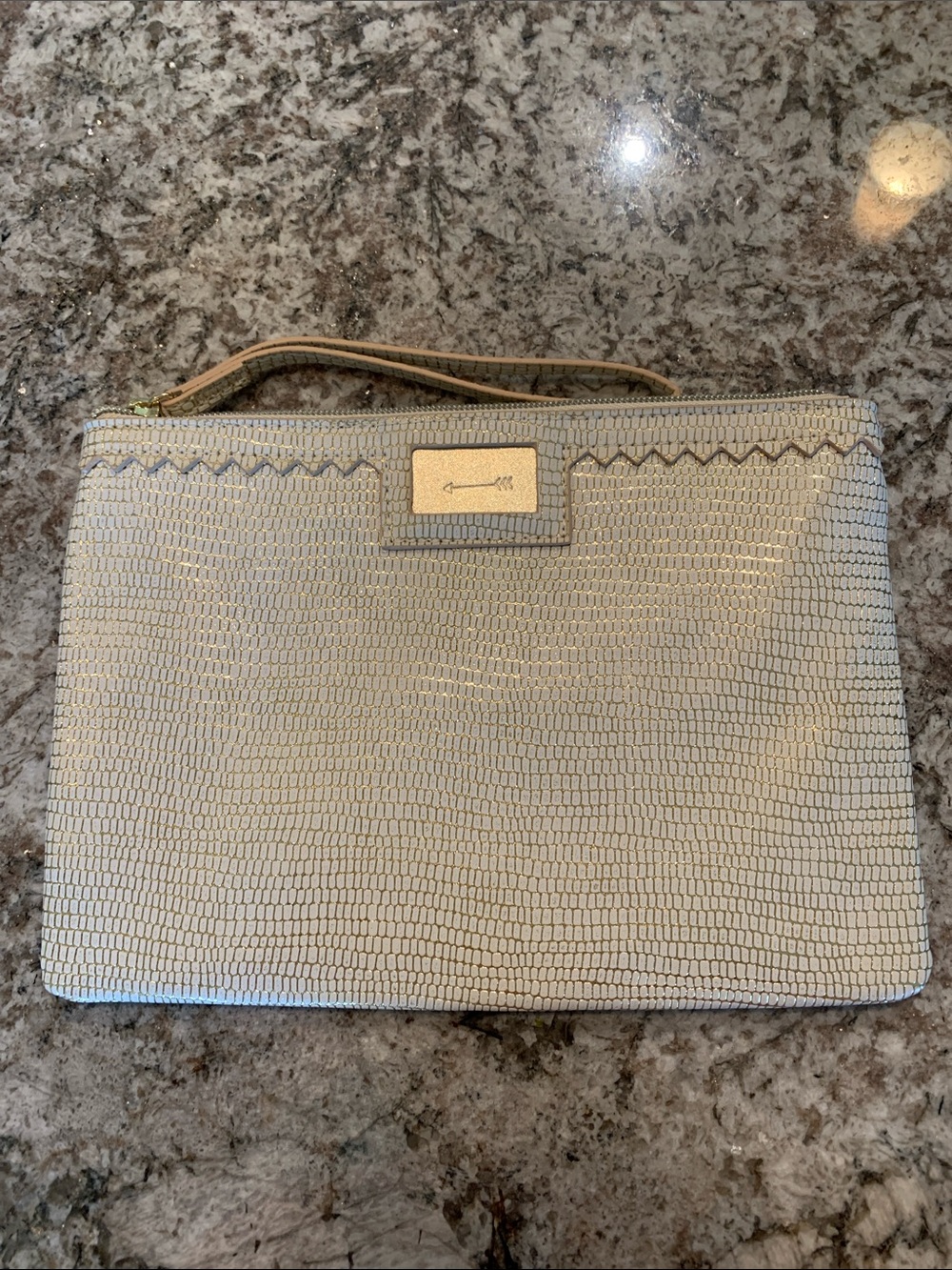 Textured Cream Wristlet Clutch with Gold Plate